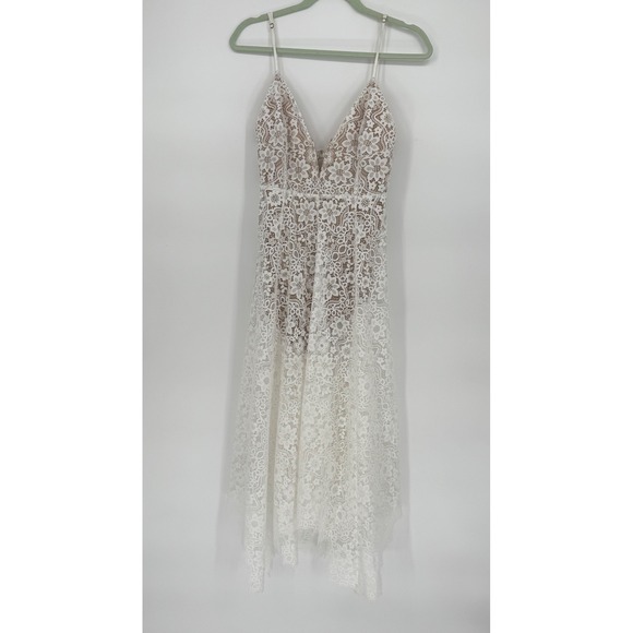 For Love and Lemons White Lace Midi Dress Deep V Neck Size M Sheer Fairy Bride - Picture 6 of 16